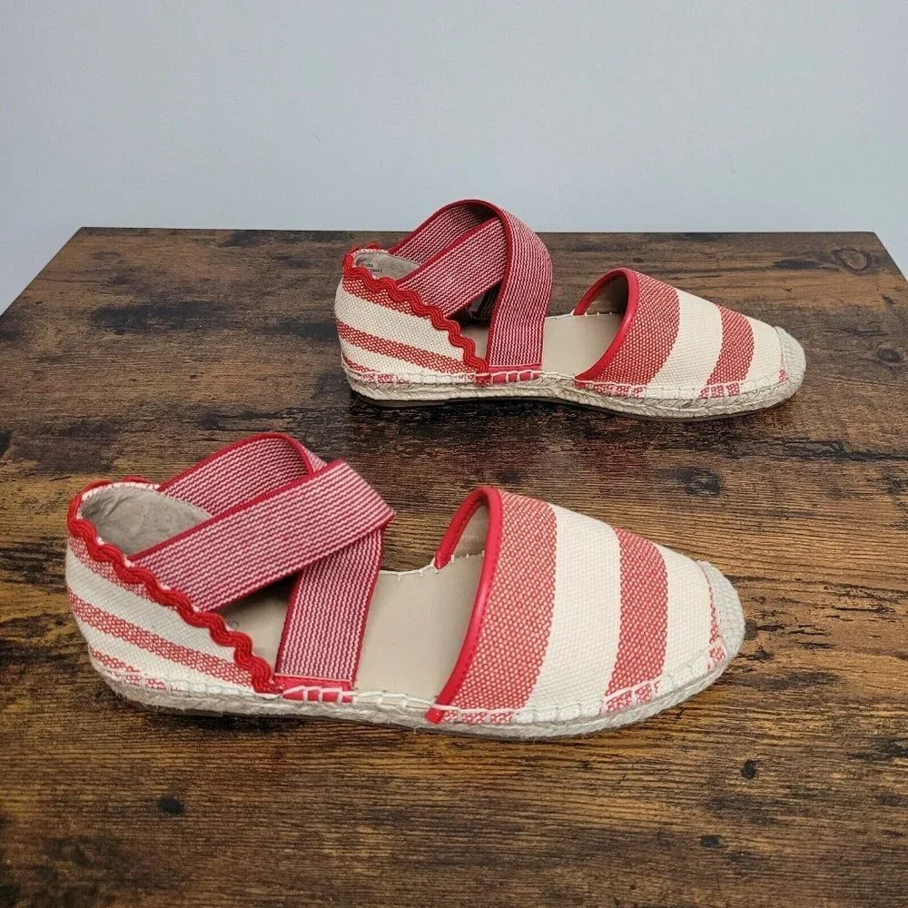 Lands End Womens Espadrille Sandals Red Beige Flat Shoe Summer Travel Size 7